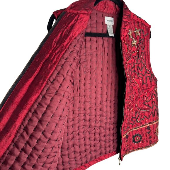 Chicos Red‎ Embroidered Quilted 100% Silk Vest Size 1 Front Zip Size 1 (M/8) - Picture 6 of 12